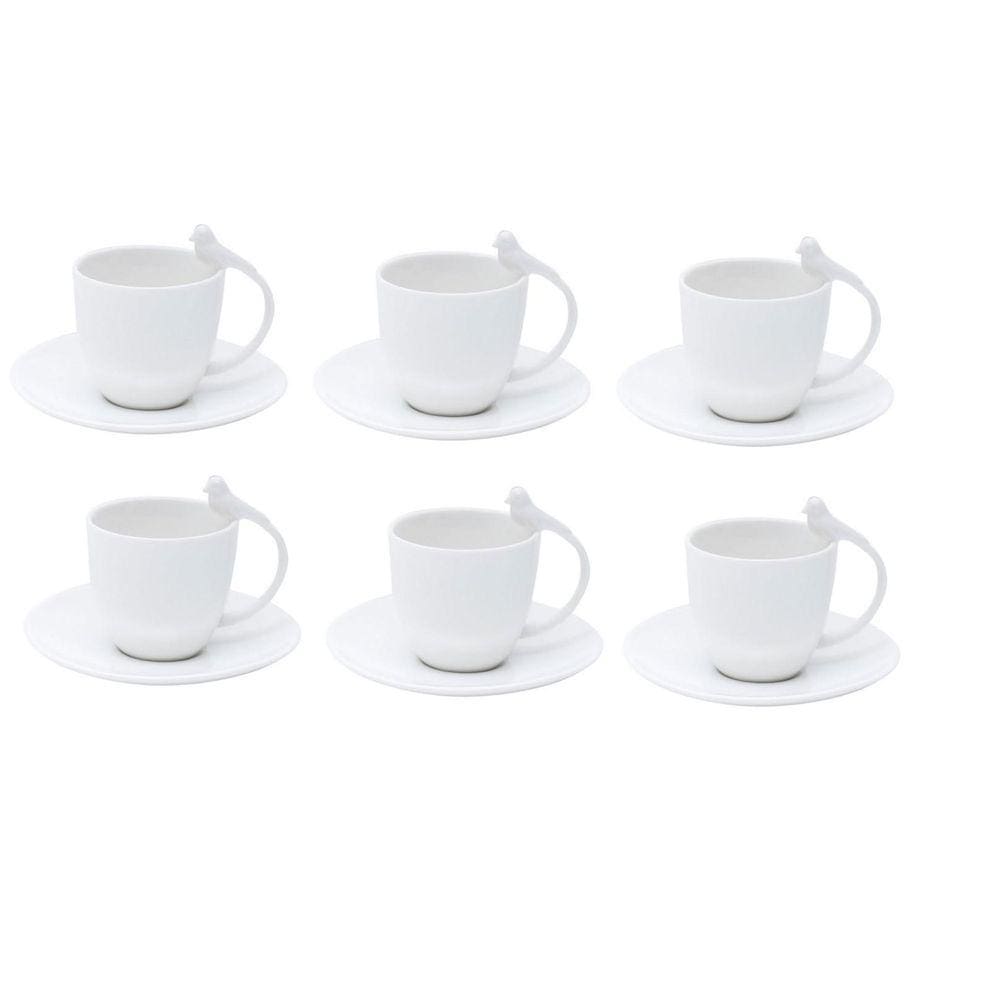 Jogo 6 Xícaras De Pássaro De Café Com Pires Porcelana Branco