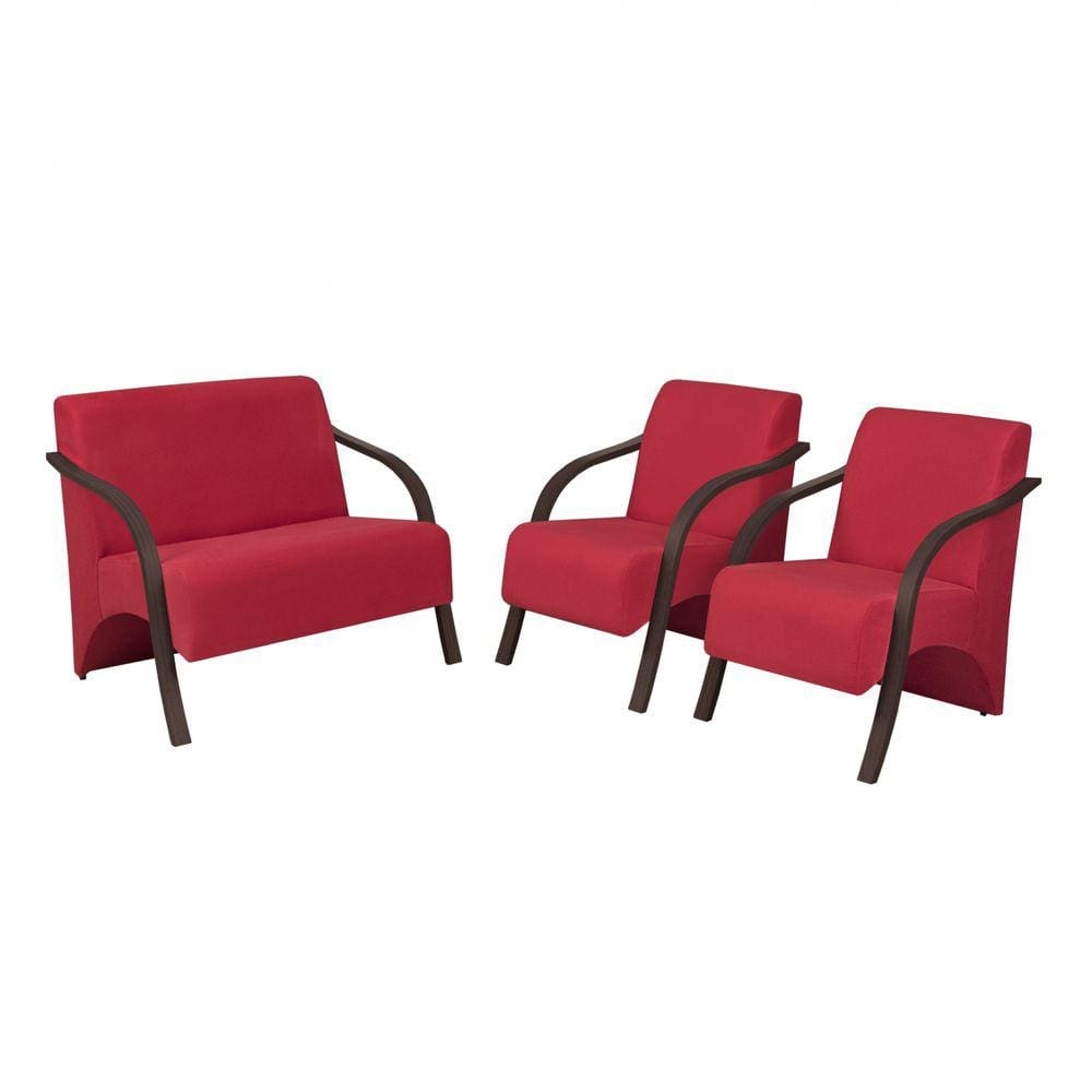 Conjunto Poltrona Decorativa Venus Braço Madeira kit 3 Peças Confortável Sala Suede
