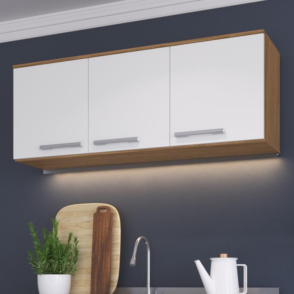 Armário Aéreo Suspenso Multiuso Organizador Para Cozinha Joy 120 cm 3 Portas Marrom Madeira e Branco