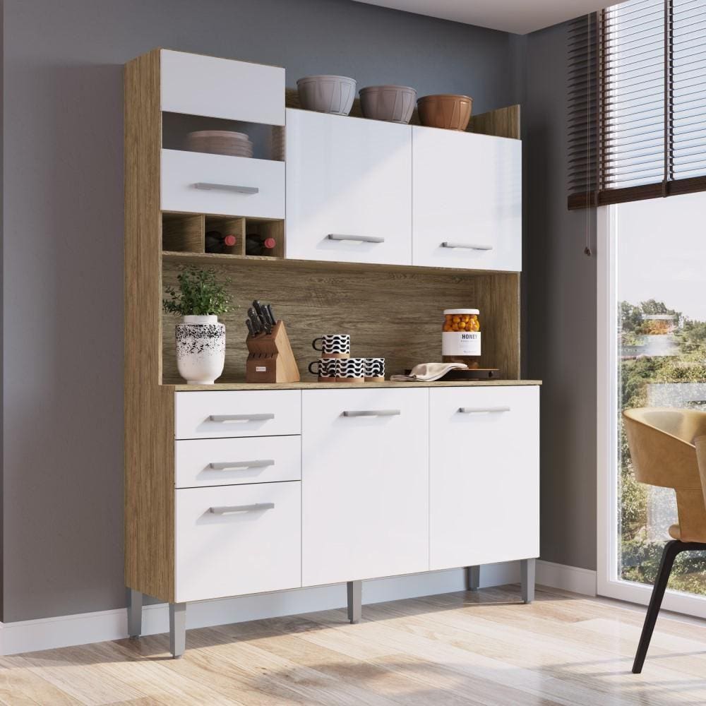 Armário Paneleiro Alto Balcão Multiuso Para Cozinha Com 6 Portas e 2 Gavetas Marrom Madeira e Branco