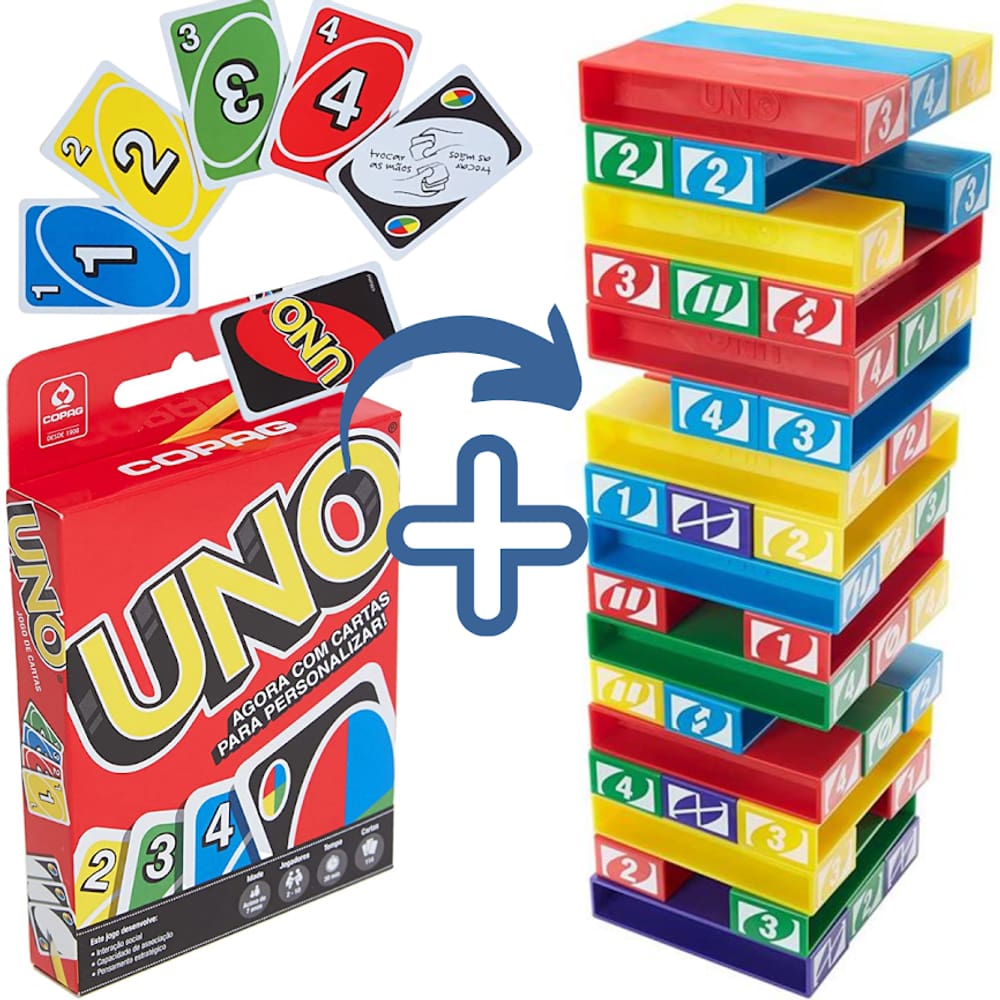 Kit Jogo Uno Stacko Torre De Empilhar + Uno Cartas Baralho