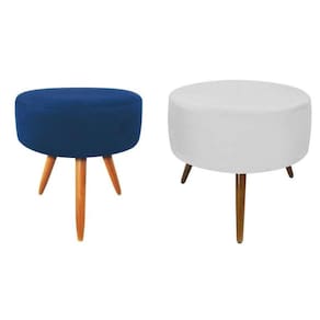 Puff Banqueta Magnus Redondo Branco Azul Pés Castanho 2Peças