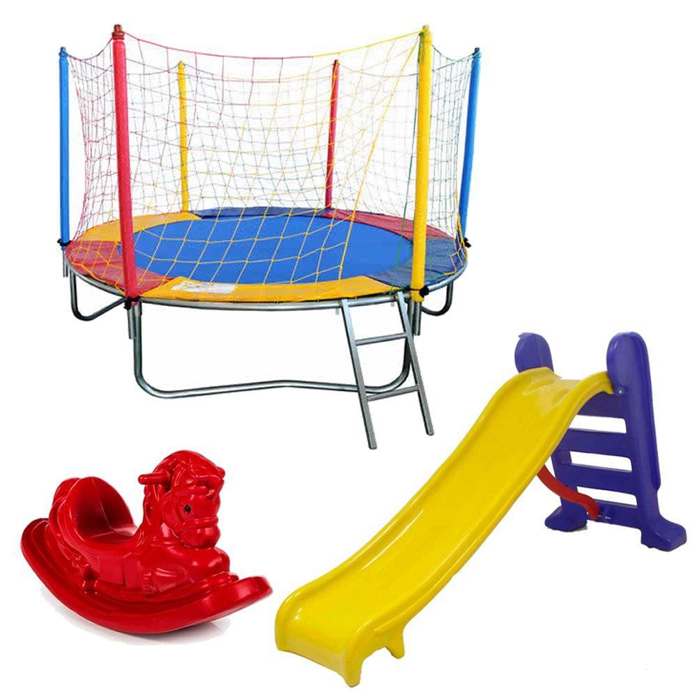 Cama Elástica Pula Pula Trampolim Colorida 2,30m + Escorregador Médio + Gangorra 1 lugar