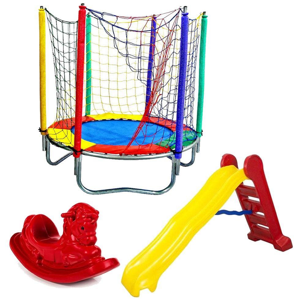 Cama Elástica Pula Pula Trampolim Colorida 1,40m + Escorregador Grande + Gangorra 1 lugar