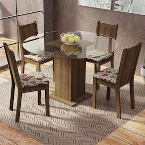Conjunto Sala de Jantar Madesa Paula Mesa Tampo de Vidro Redondo 4 Cadeiras - Rustic/Hibiscos