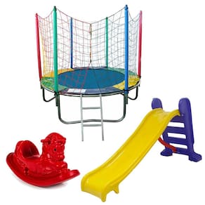 Cama Elástica Pula Pula Trampolim Colorida 1,83m + Escorregador Médio + Gangorra 1 lugar