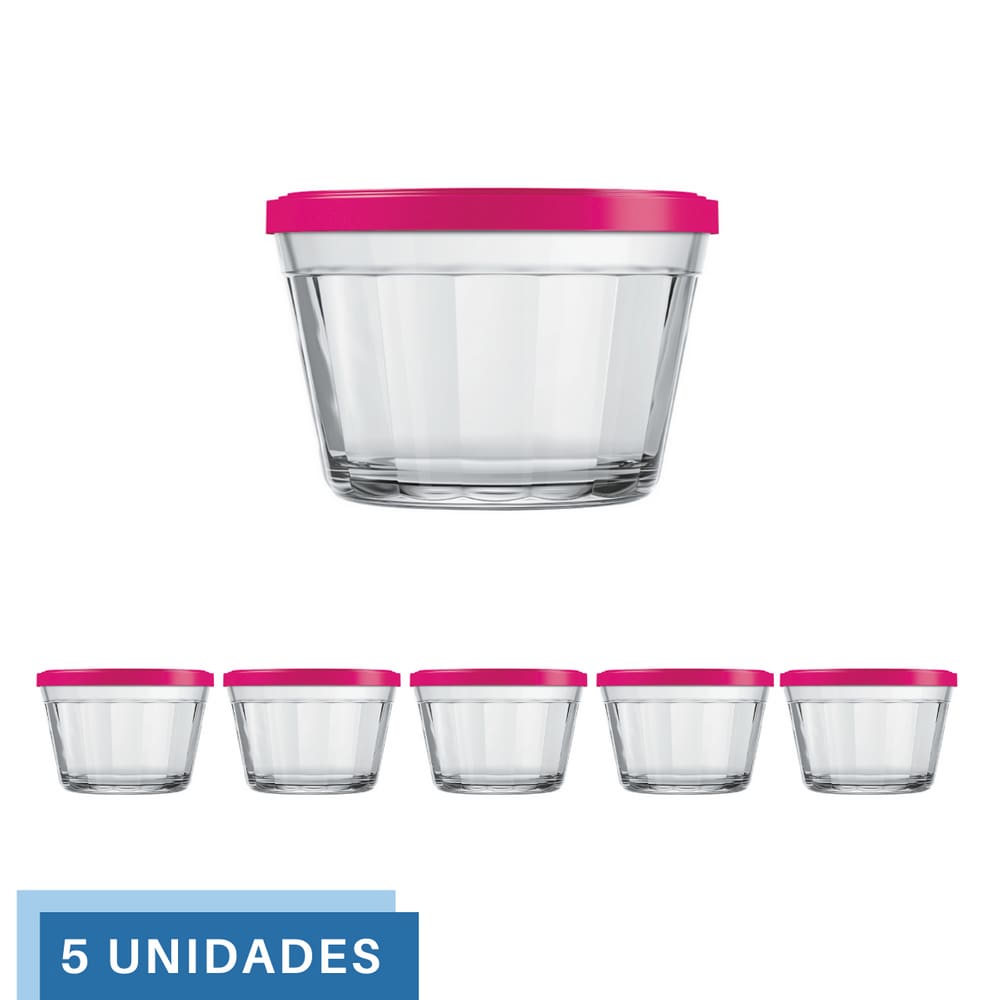 5 Tigela Vidro Americano Tampa Plastica Sortida 150ml Nadir