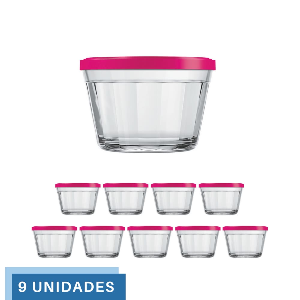 9 Tigela Vidro Americano Tampa Plastica Sortida 150ml Nadir