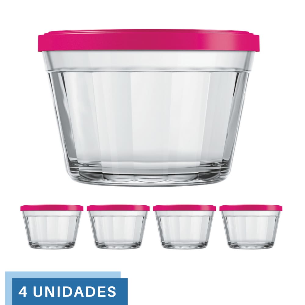 4 Tigela Vidro Americano Tampa Plastica Sortida 600ml Nadir