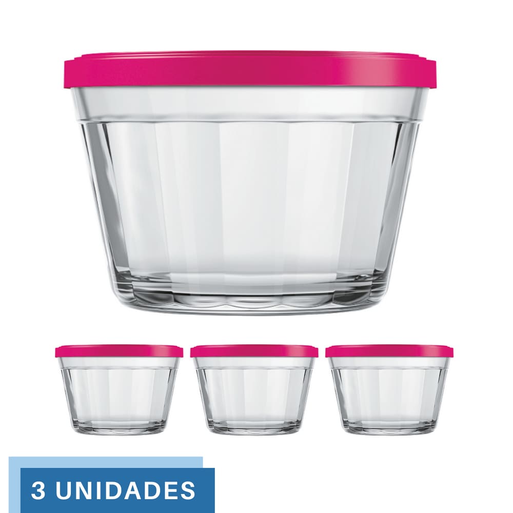 3 Tigela Vidro Americano Tampa Plastica Sortida 600ml Nadir