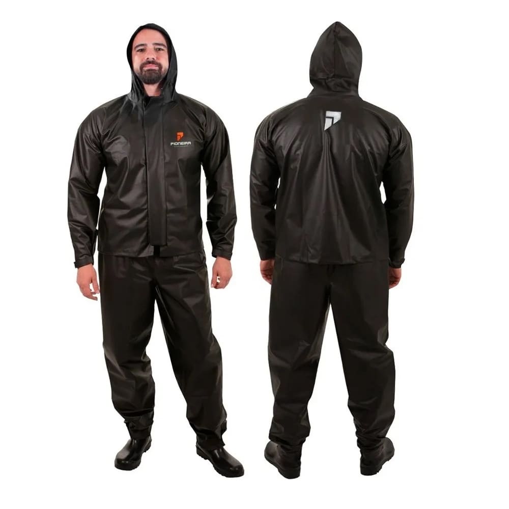 Capa de Chuva Motociclista PVC Preto Com Capuz Moto Pioneira