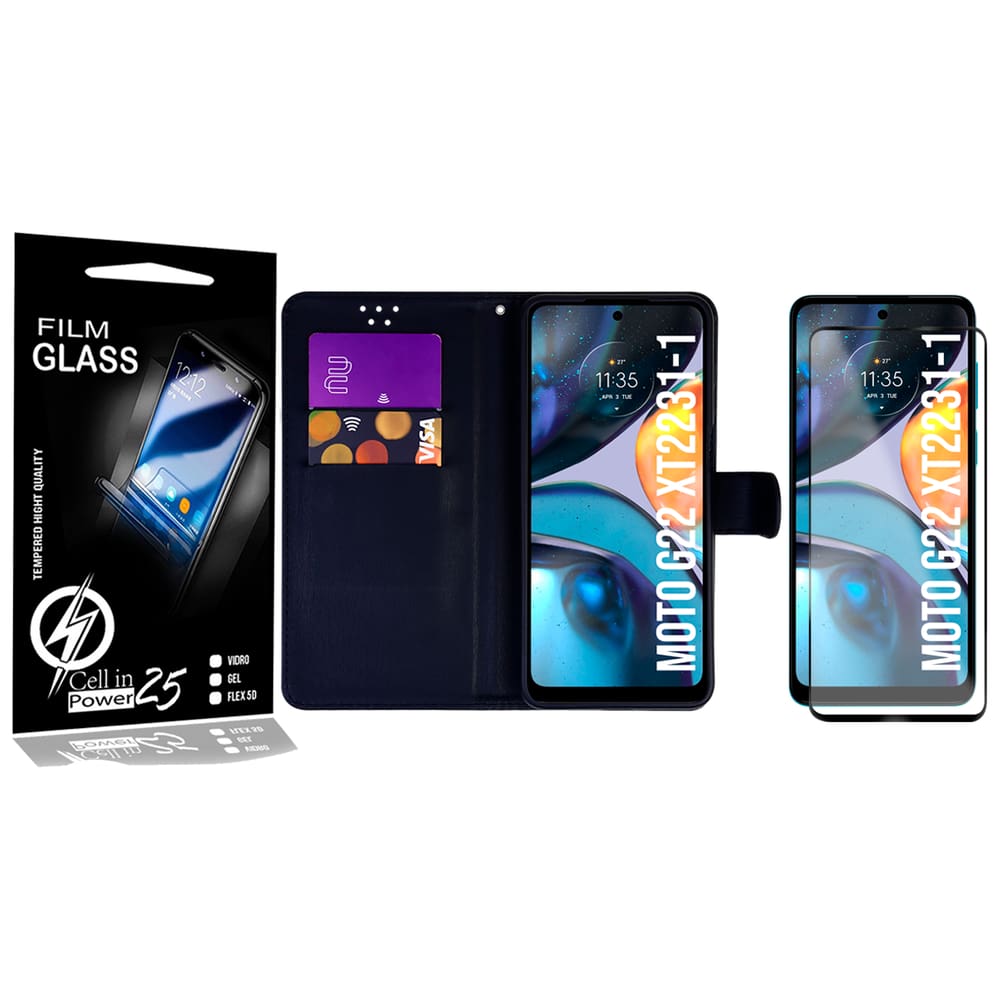 Película Vidro 3D + Capa Carteira PRETA Moto G22 XT2231 6.5 - Cell In Power25