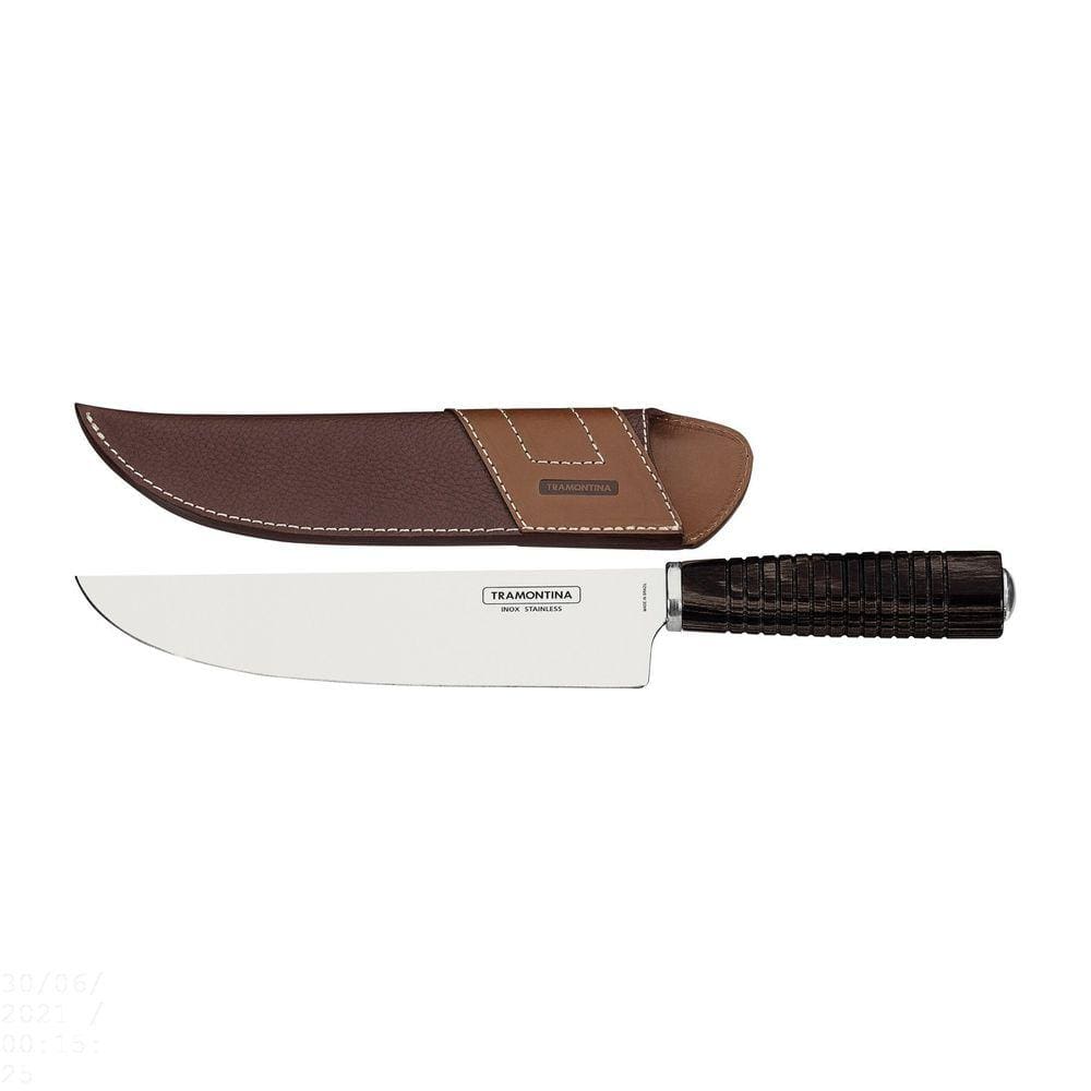 Faca Tramontina para Carne 8” em Aço Inox e Cabo Castanho Polywood com Bainha de Couro Tramontina