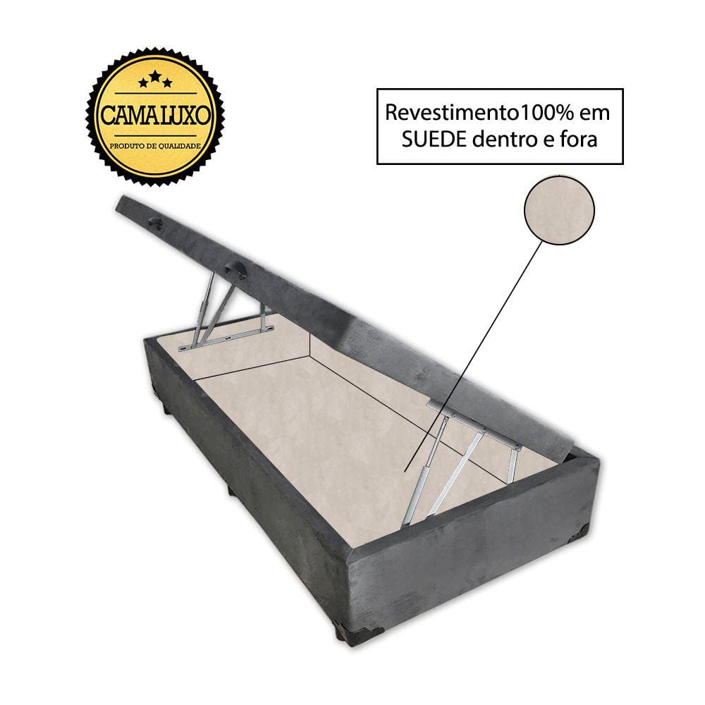 Cama Box Baú Luxo Blindado Solteirão NK Camas Suede Cinza 41x96x203