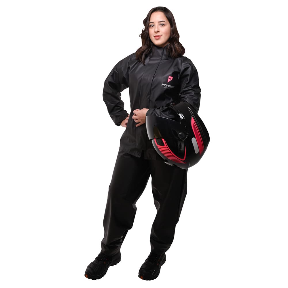 Conjunto Motociclista Impermeável Feminino PVC Preto Com Gola Alta Pioneira