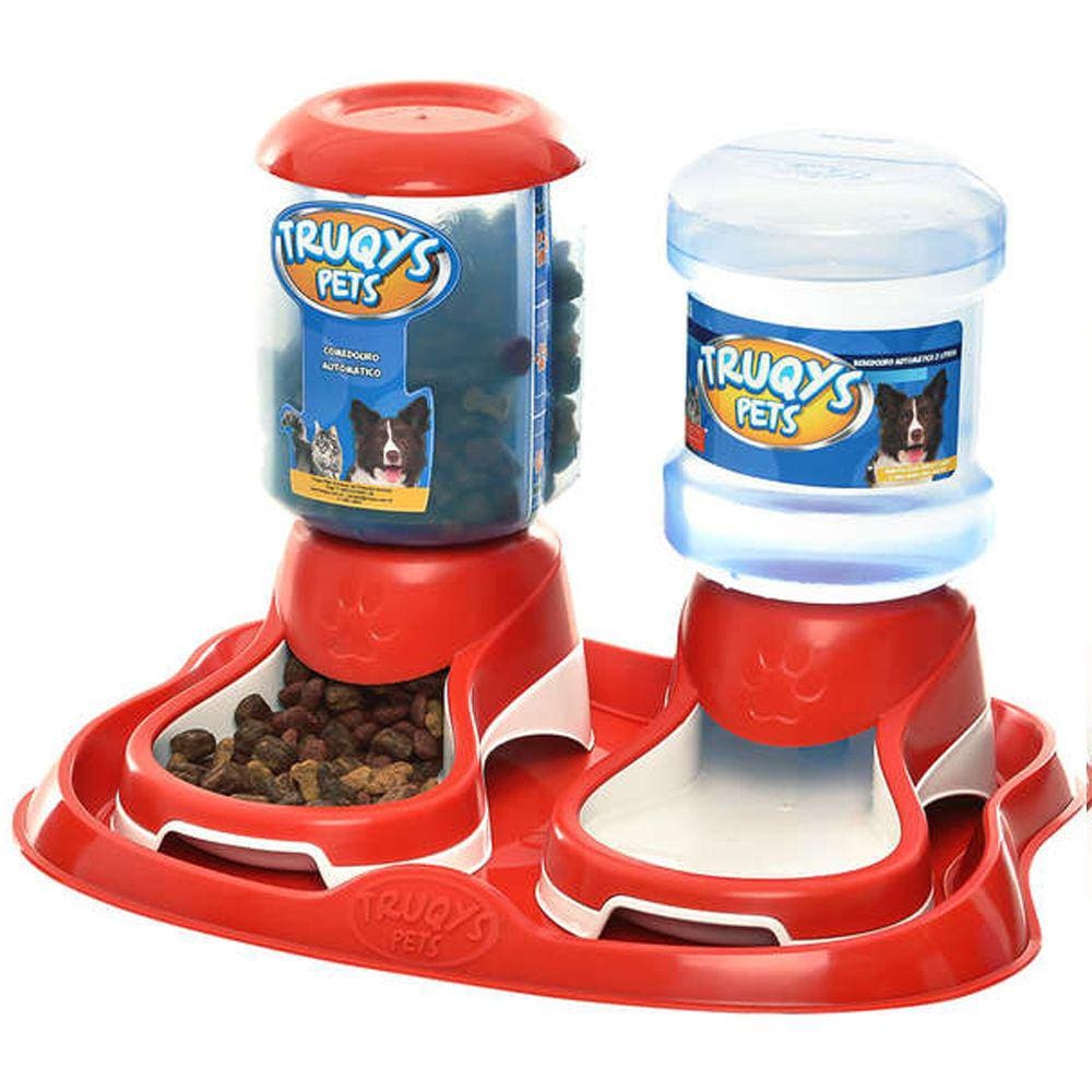Kit Comedouro e Bebedouro Automático Truqys Pet Bandeja Vermelho