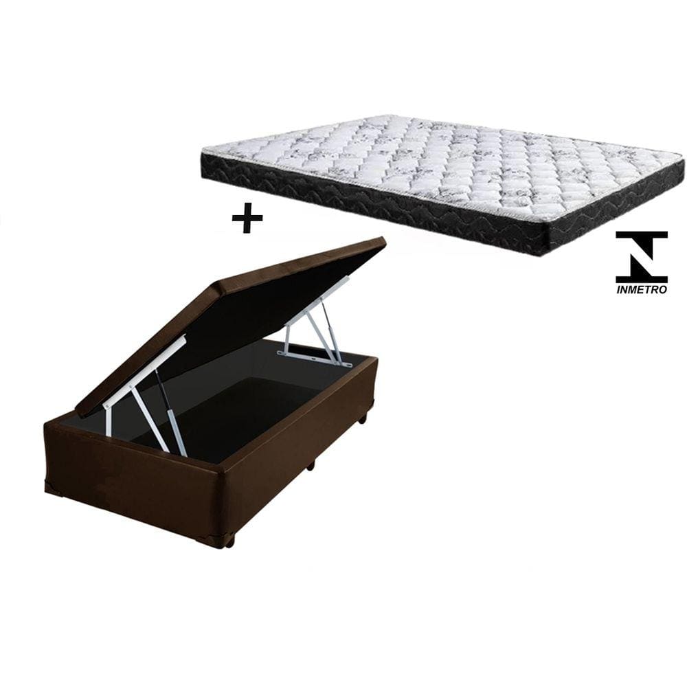 Cama Baú Solteiro Marrom + Colchão Espuma D28 88x188x8