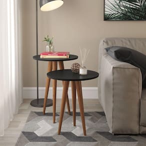 Conjunto 2 Mesas De Canto Lateral Redonda Sala Pes Palito Retro Slim
