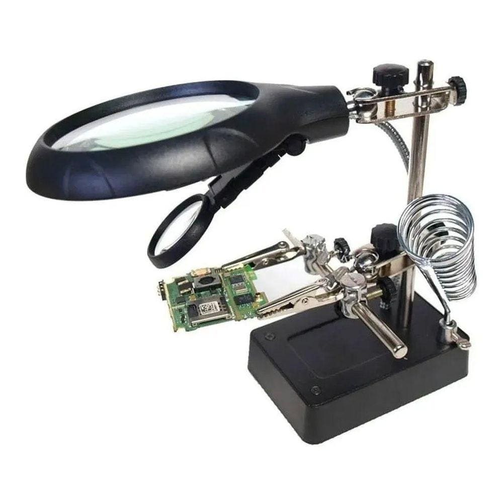 Lupa De Mesa E Bancada Com Luminária E Clip Com Fonte