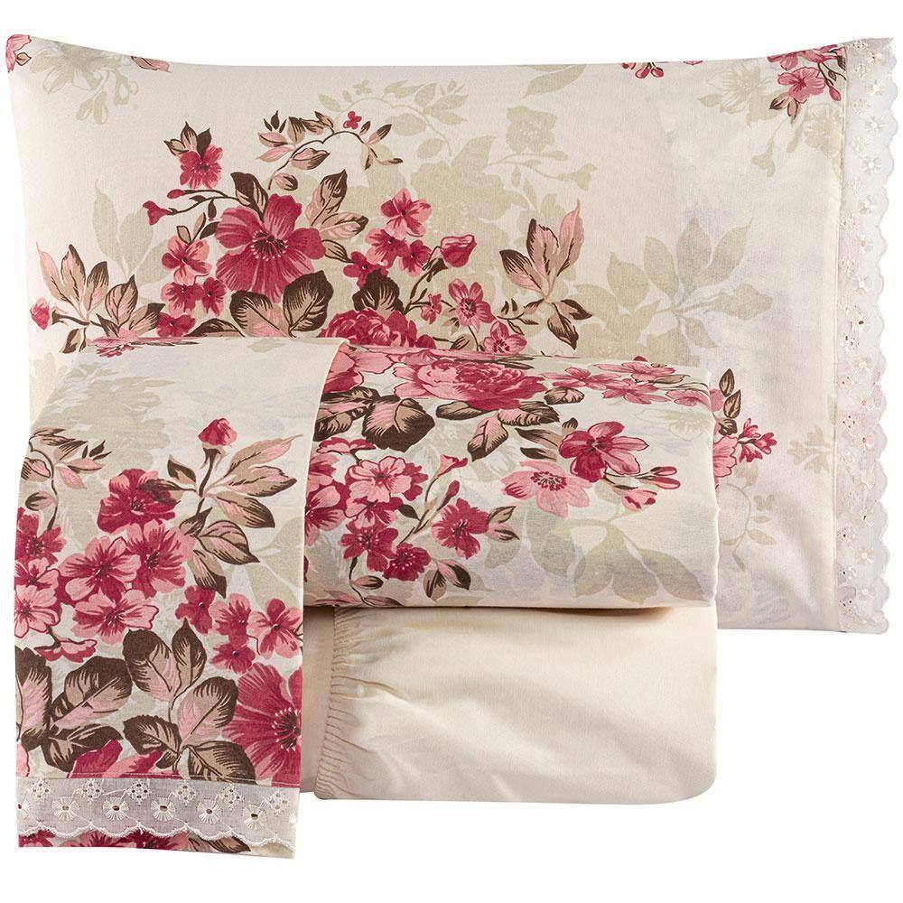 Jogo De Cama Casal Fascínio Algodão 04 Peças Floral Vermelho