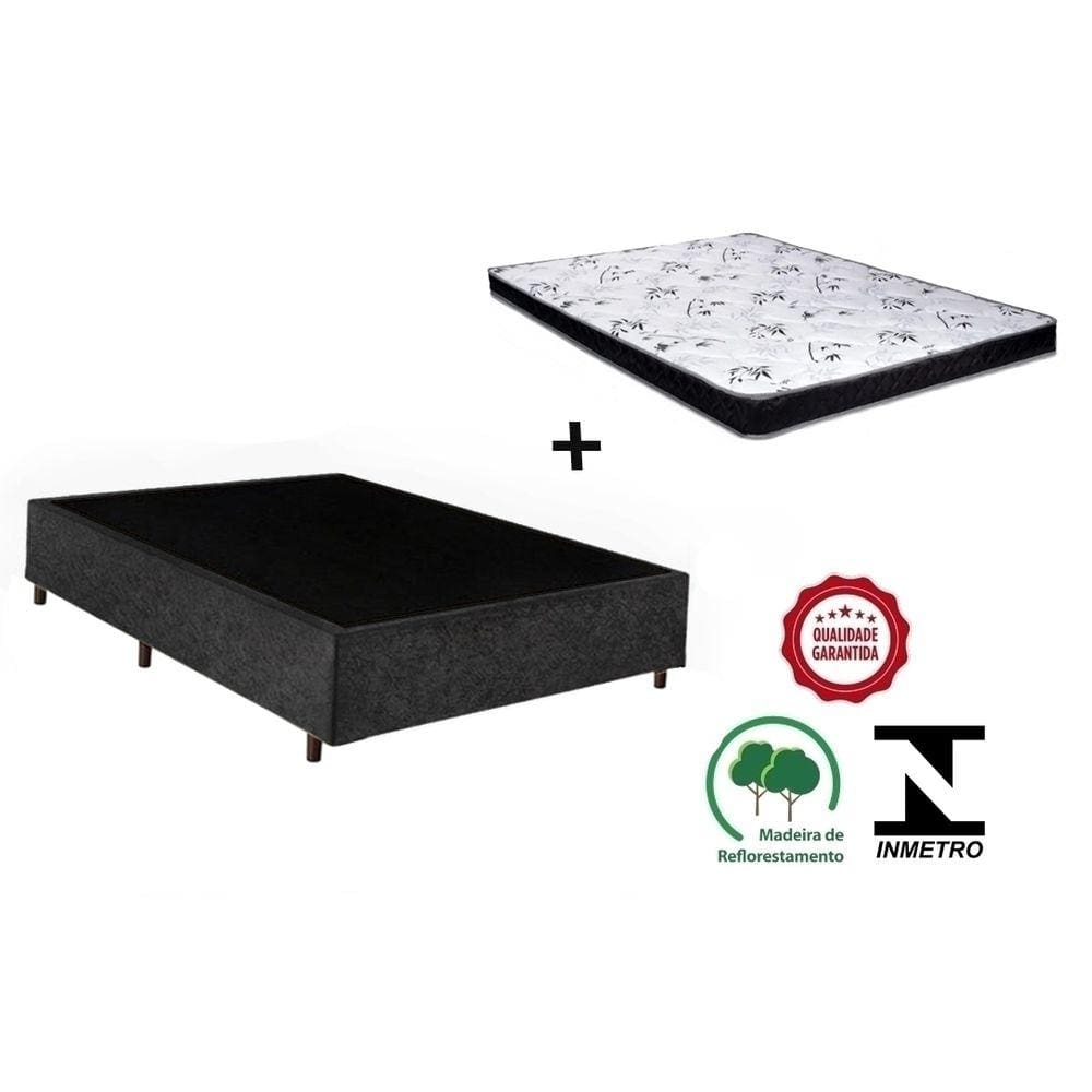 Cama Box Casal Preto Suede + Colchão Espuma D28 138x188x12