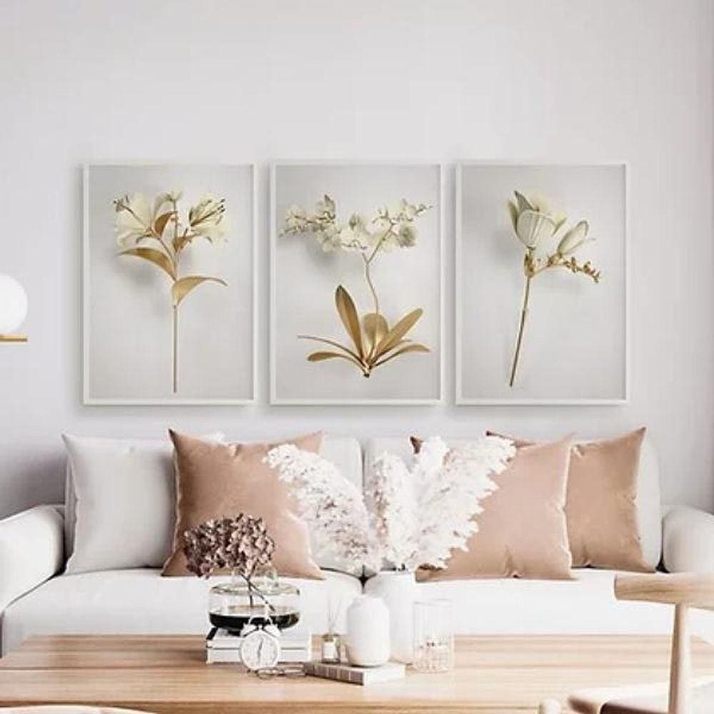 Kit 3 Quadros Flores Brancas Com Dourado 24X18  - Branca