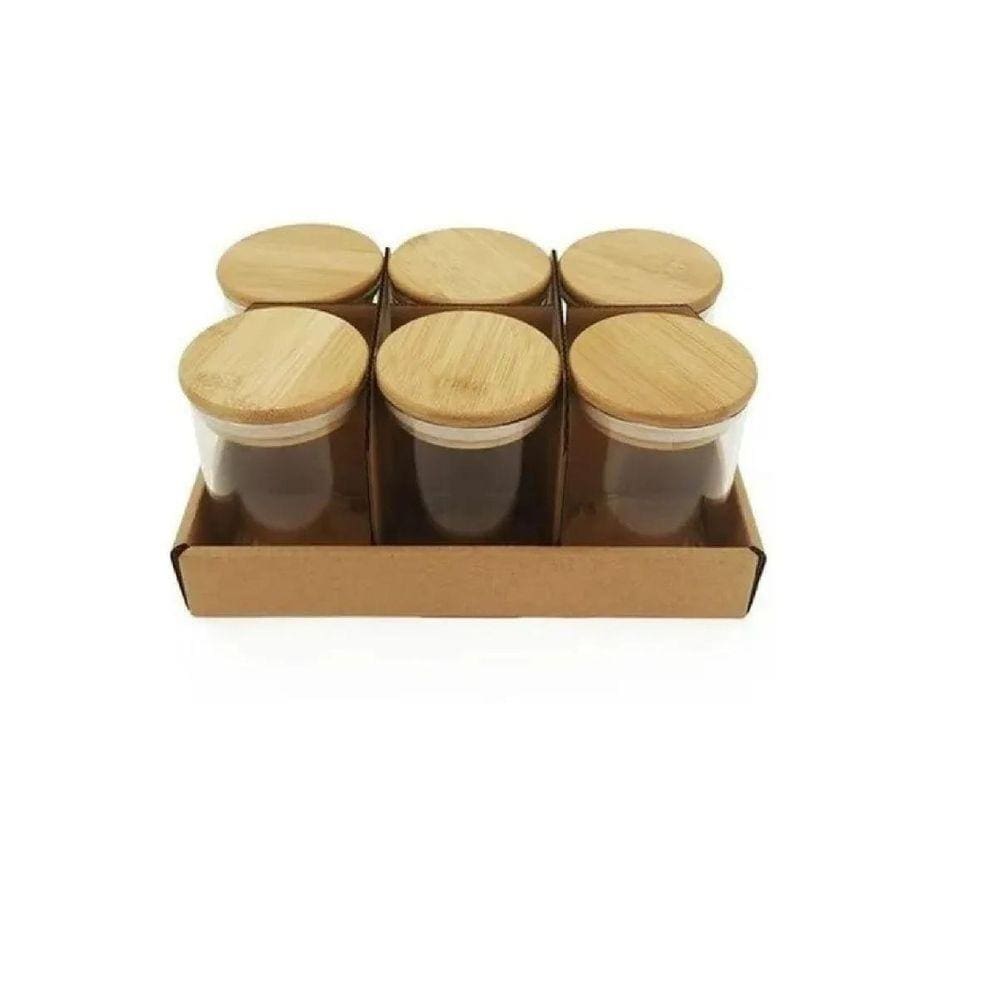 Kit 6 Potes De Vidro Hermético Boro Com Tampa Bambu 150Ml