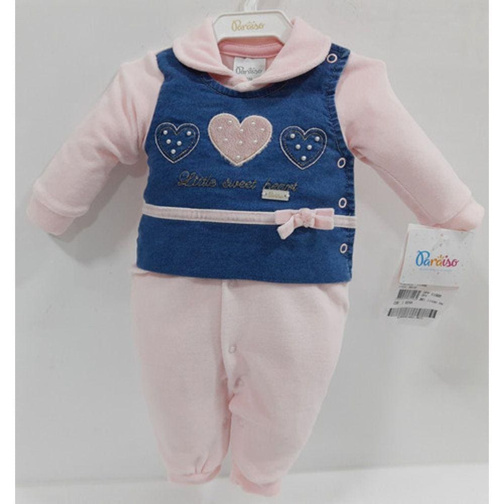 Macacão Longo Luxo Paraiso Bebê Menina Plush C/ Jeans 11586