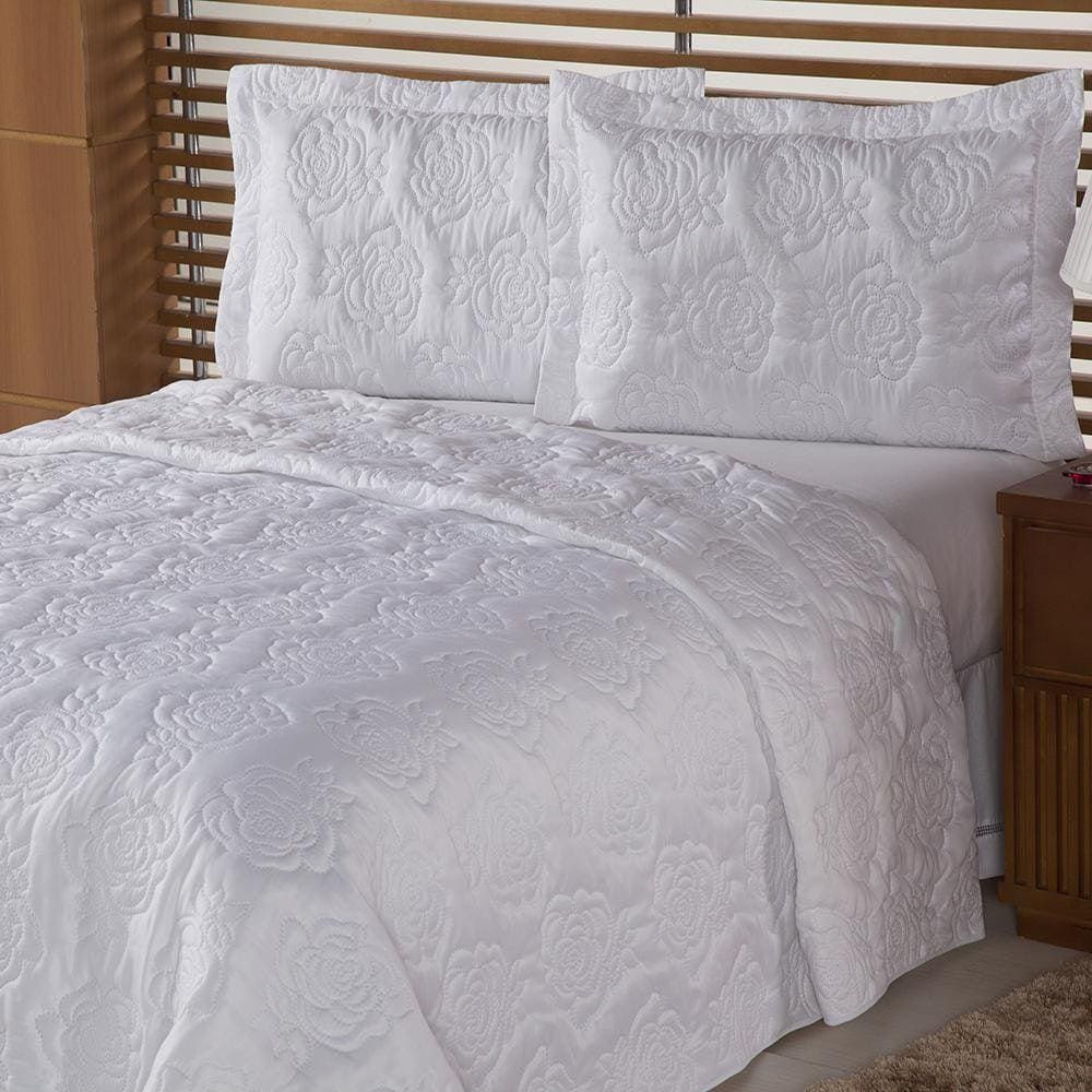 Cobre Leito Rosas Dupla Face Queen 03 Peças Branco