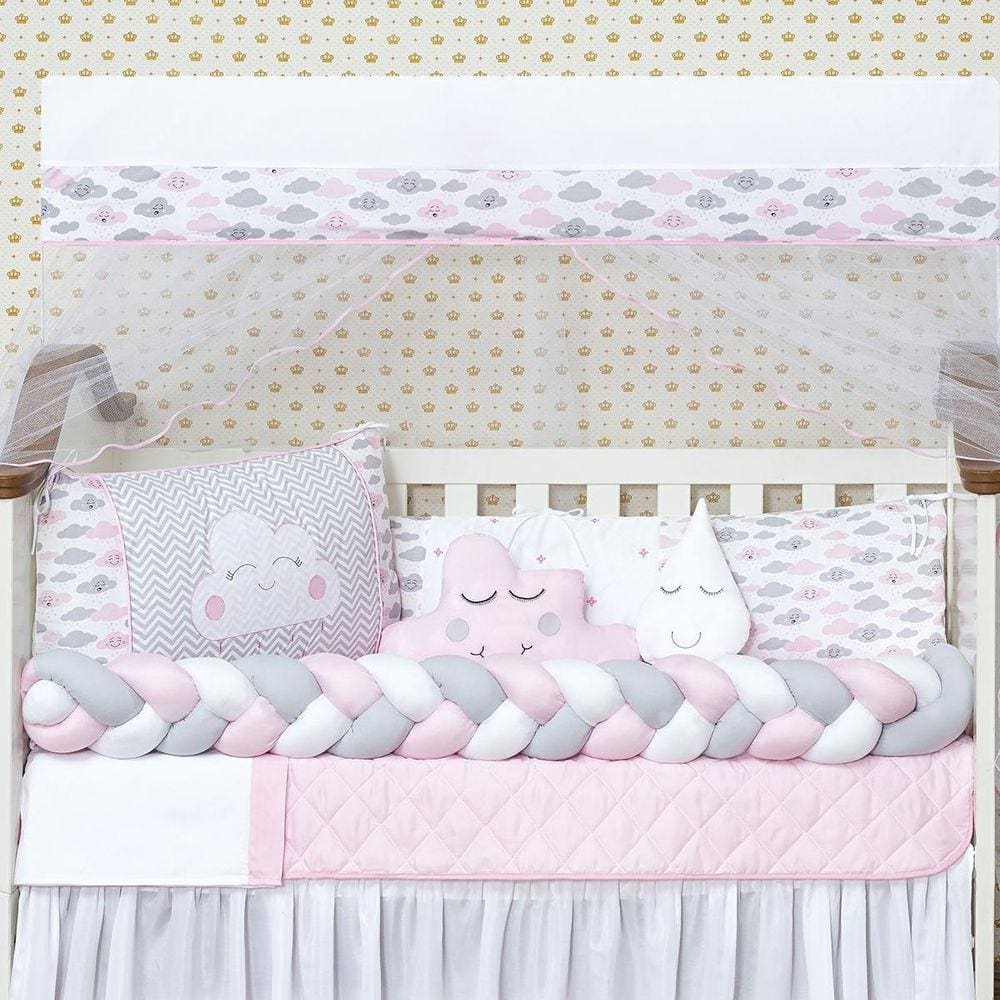 Kit Mini Berço Chuva De Amor Nuvem Rosa 10 Peças