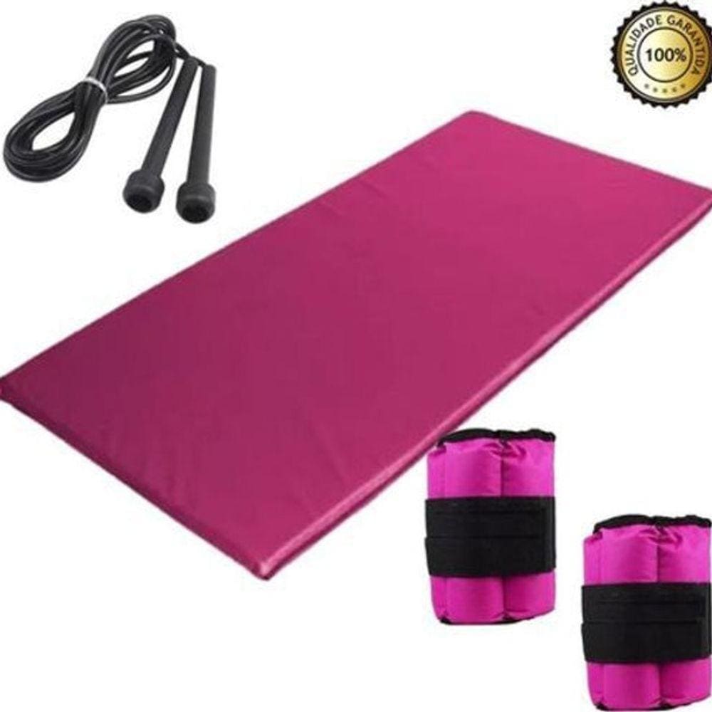 Kit Academia Rosa - Colchonete + Corda+ Caneleira 5Kg