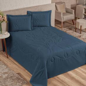 Jogo De Cama Queen Mercado Bordado Floral Azul Marinho 3 Pçs