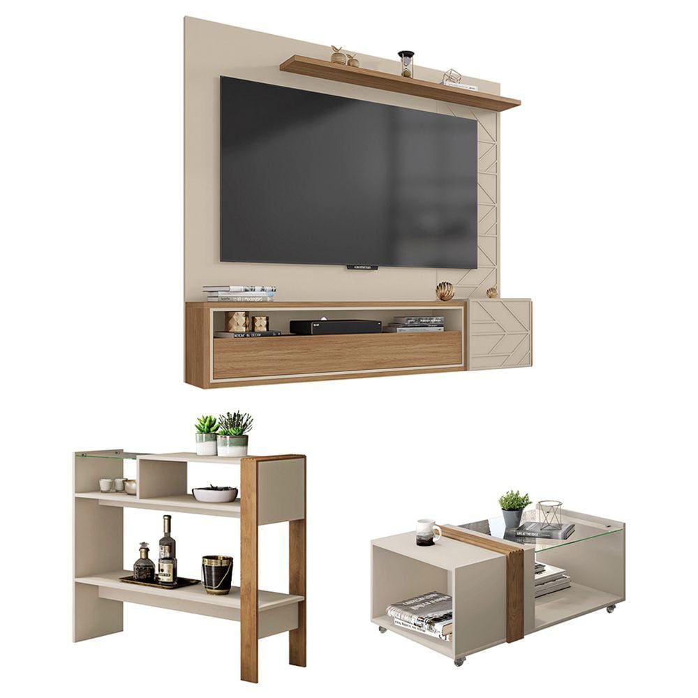 Conjunto Sala De Estar Painel Mesa Aparador Prisma Caemmun