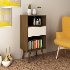 Estante Baixa Mesa Lateral Para Livros Com 1 Gaveta e 2 Nichos Sala de Estar Marrom Escuro Off White