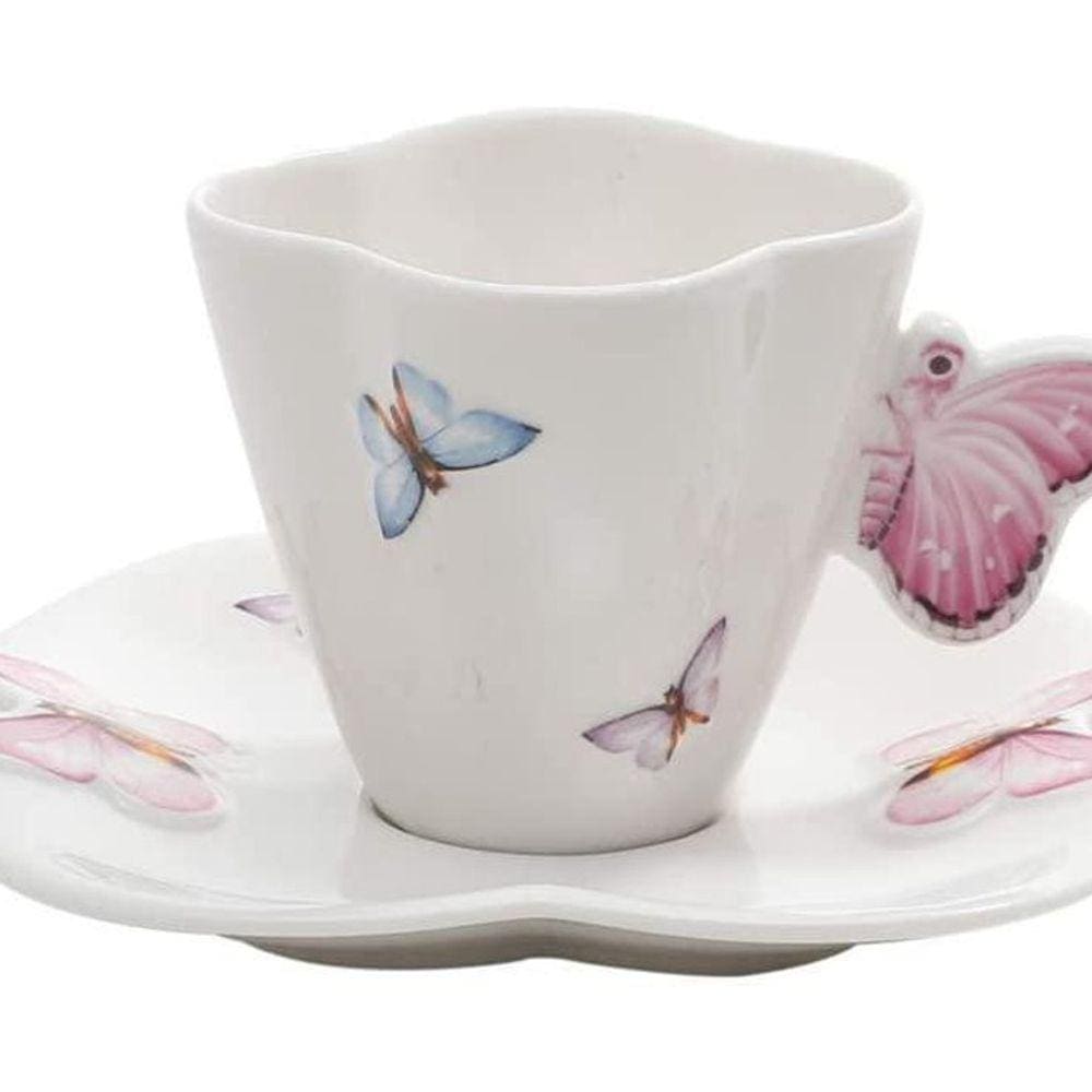 Kit 6 Xícaras Café Porcelana Pires Borboletas 100Ml Wolff