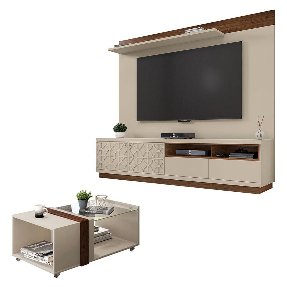 Conjunto Sala De Estar Kit Rack Painel Mesa Renda Caemmun