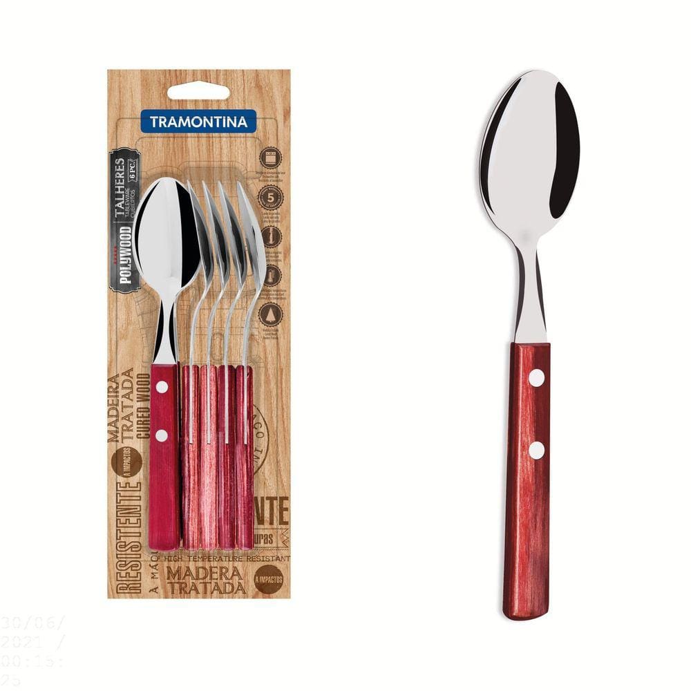 Conjunto de Colheres de Mesa Tramontina com Lâminas em Aço Inox e Cabos em Madeira Polywood Vermelho 6 Peças Tramontina