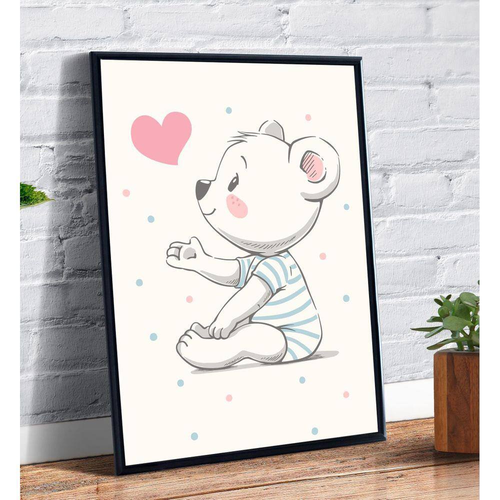 Placa Decorativa Infantil Desenho Urso Fofo Preto e Branco