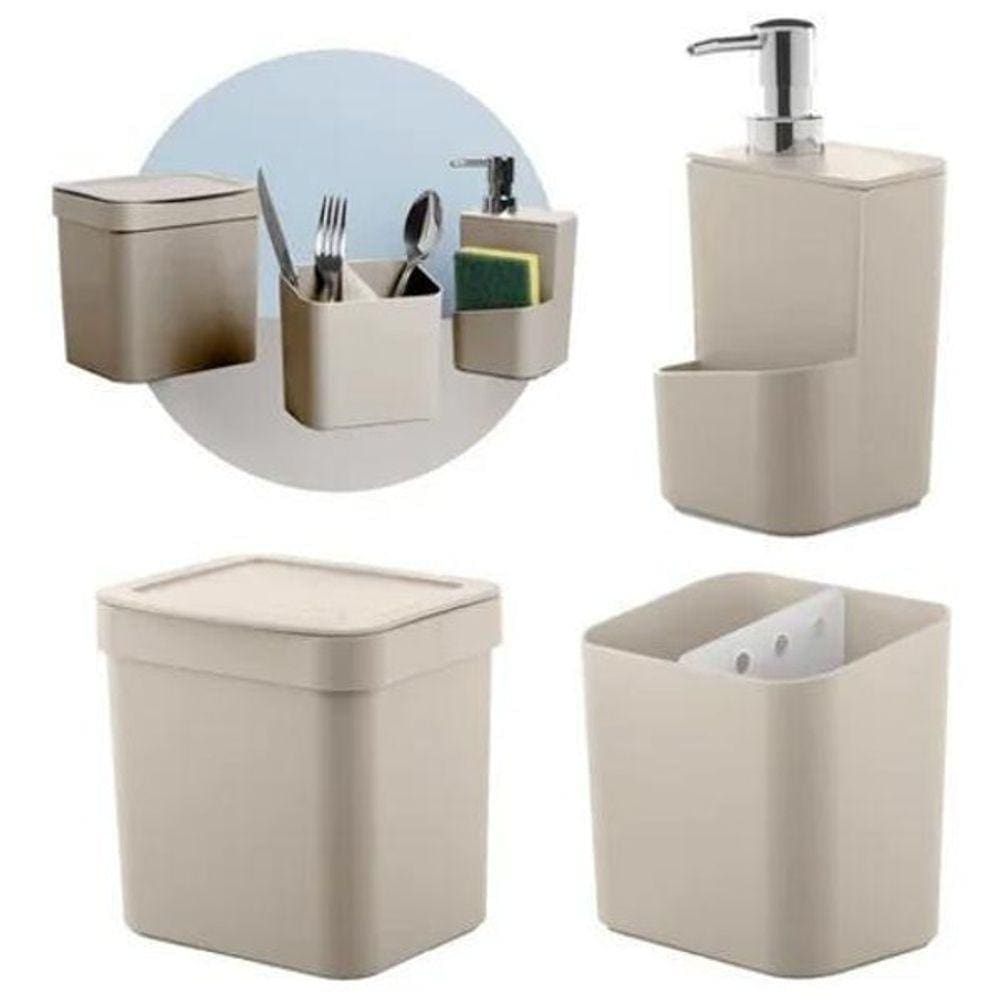 Jogo 3 Pçs De Cozinha Pia Trium Porta Detergente Lixeira