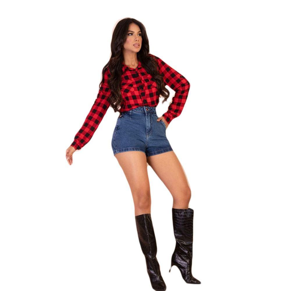 Camisete Feminina Manga Longa Xadrez Fechamento Em Botões