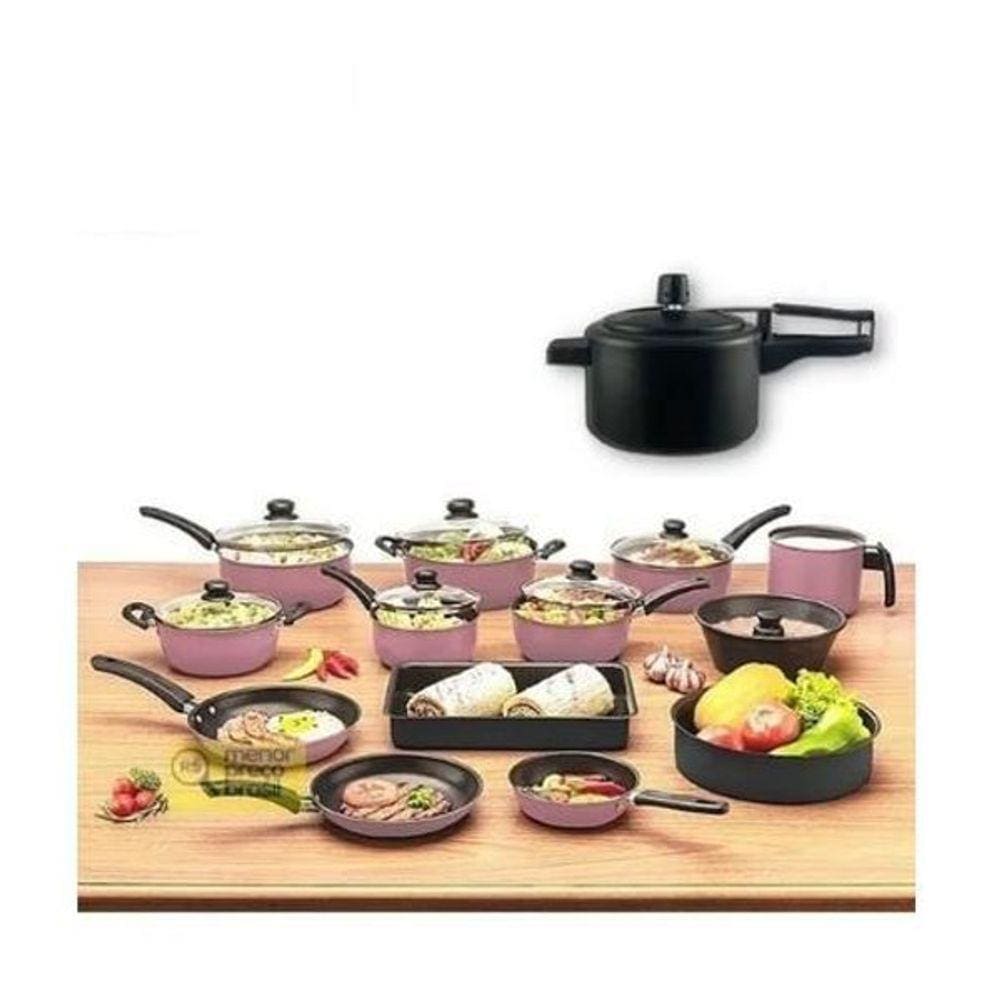 Kit 13 Panelas Completo Rose Teflon Com Panela De Pressão