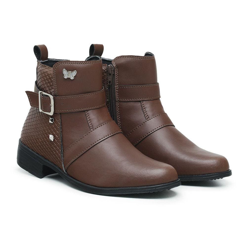 Bota Coturno Feminina Ankle Boot Cano Curto Salto Baixo Textura Cobra Zíper E Enfeite