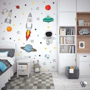 Adesivo De Parede Infantil Astronauta Foguete Galaxia Ovnis