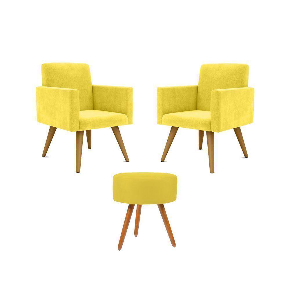 Jogo 02 Poltronas + Puff Redondo amarelo