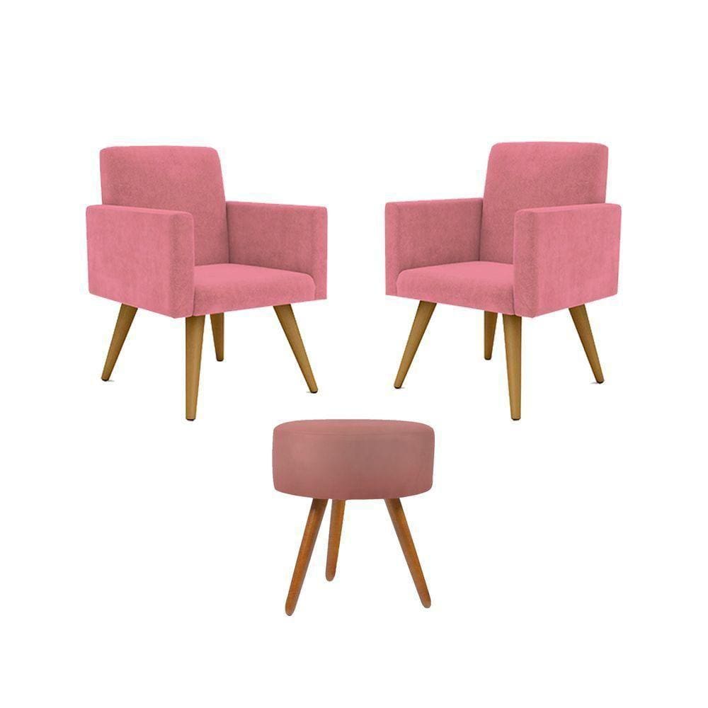 Jogo 02 Poltronas + Puff Redondo Rosa
