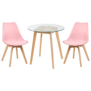 Mesa Redonda Com Tampo De Vidro 70cm + 2 Cadeiras Rosa Claro