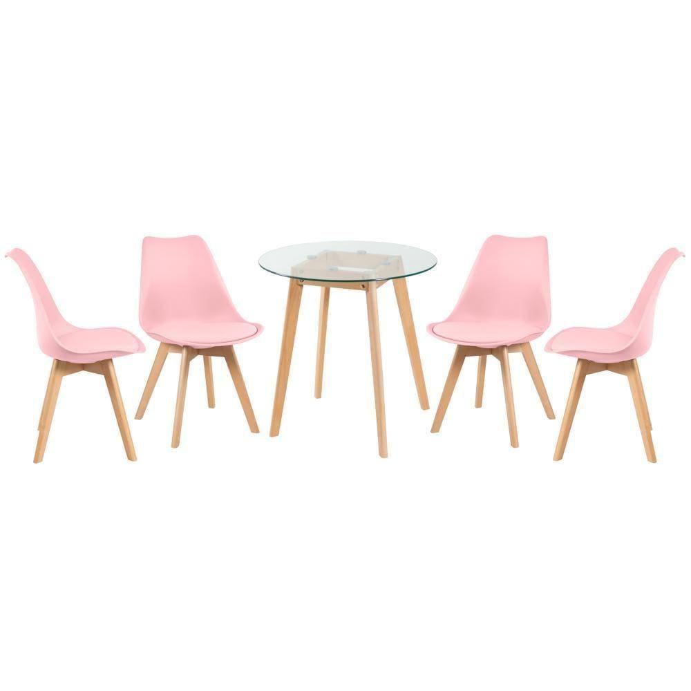 Mesa Redonda Com Tampo De Vidro 70 Cm + 4 Cadeiras Leda Rosa