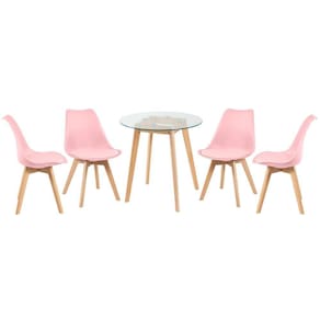 Mesa Redonda Com Tampo De Vidro 70 Cm + 4 Cadeiras Leda Rosa
