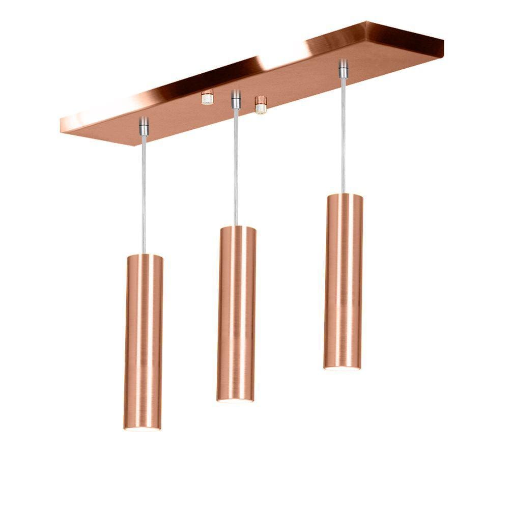 Pendente Triplo Tubo Cilindro New Cobre 30Cm + Led 6k