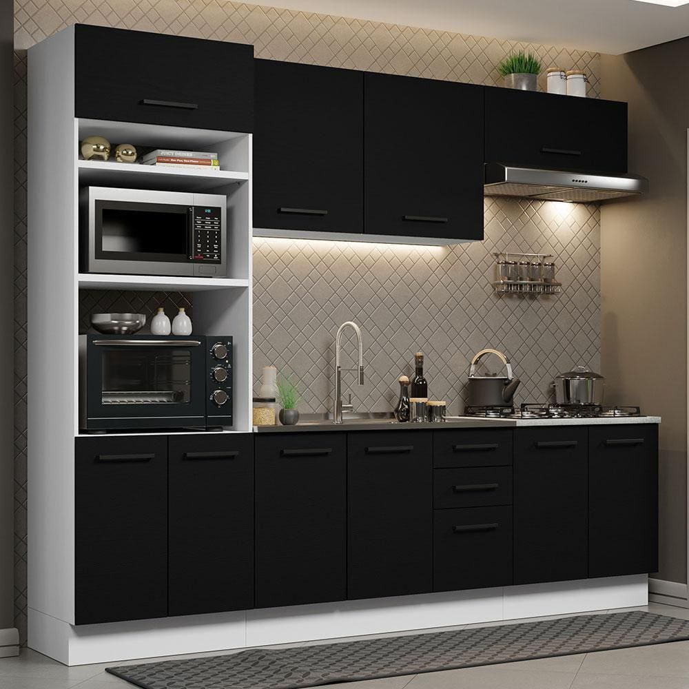 Cozinha Completa Madesa Agata 270001 com Armário e Balcão (Sem Tampo e Pia) - Branco/Preto